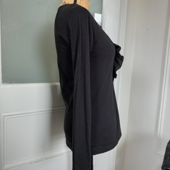 Lilla P Black Pima Cotton Long Sleeve Tee V Neck Ruffle Size S Made in Peru - Picture 2 of 12
